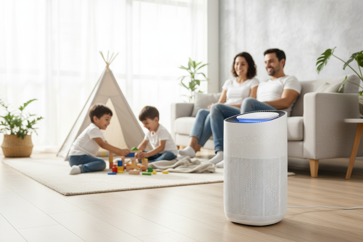 Air purifier with family in living room
