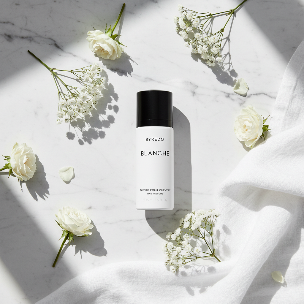 Blanche Hair Perfume - flat lay с цветя