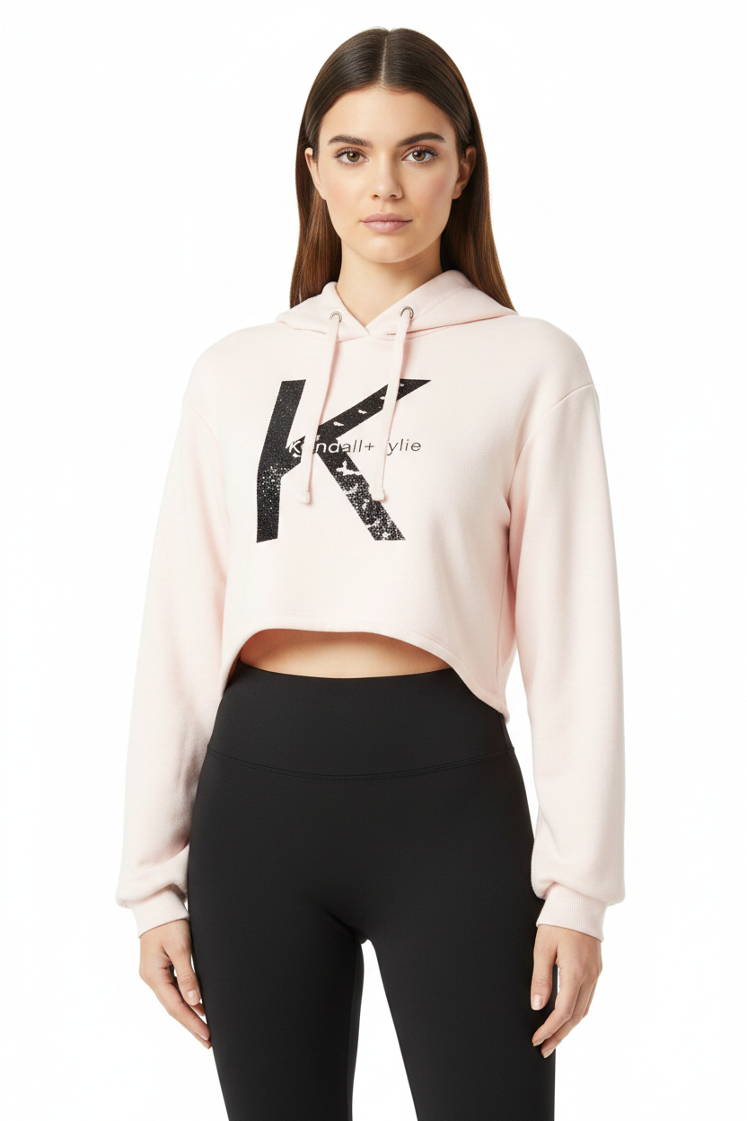 KENDALL & KYLIE Cropped Loose Hoody Sweatshirt Soft Pink – Front View