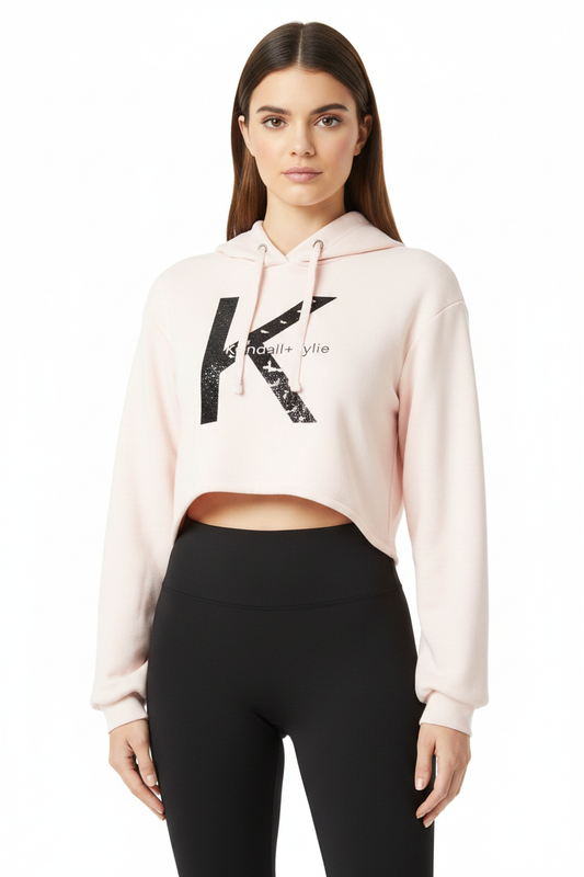 KENDALL & KYLIE Cropped Loose Hoody Sweatshirt Soft Pink – Front View
