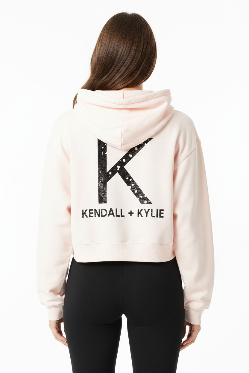 KENDALL & KYLIE Cropped Loose Hoody Sweatshirt Soft Pink – Back View